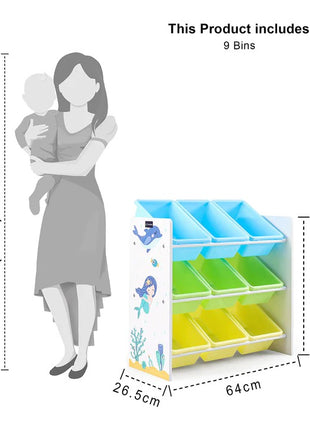 Polica za igračke i knjige, deo za dečiju sobu sa 9 kutija za odlaganje, drveni organizator - SIRENA