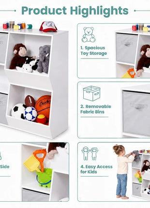KINDER HOME Dečija polica za knjige, organizator za knjige i igračke sa 2 tekstilne kutije, bela