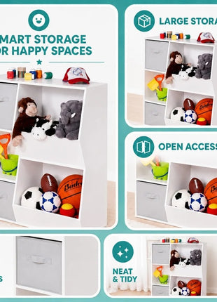KINDER HOME Dečija polica za knjige, organizator za knjige i igračke sa 2 tekstilne kutije, bela