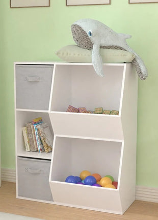 KINDER HOME Dečija polica za knjige, organizator za knjige i igračke sa 2 tekstilne kutije, bela