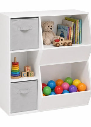 KINDER HOME Dečija polica za knjige, organizator za knjige i igračke sa 2 tekstilne kutije, bela