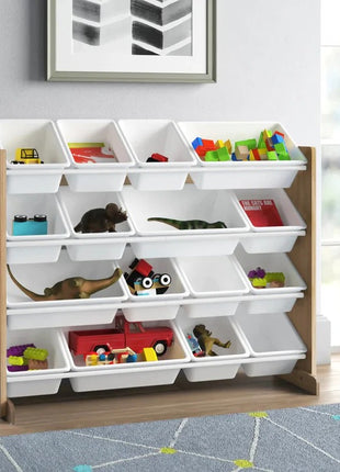 Dečiji drveni organizator, veliki - za odlaganje igračaka i knjiga, polica za dečiju sobu - DRVO/BELA
