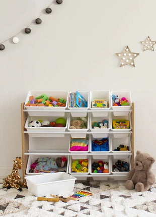 Dečiji drveni organizator, veliki - za odlaganje igračaka i knjiga, polica za dečiju sobu - DRVO/BELA