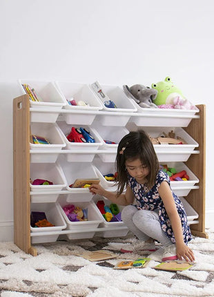 Dečiji drveni organizator, veliki - za odlaganje igračaka i knjiga, polica za dečiju sobu - DRVO/BELA