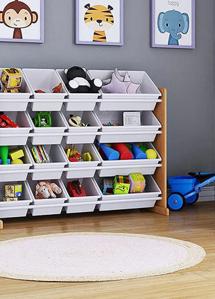 Dečiji drveni organizator, veliki - za odlaganje igračaka i knjiga, polica za dečiju sobu - DRVO/BELA