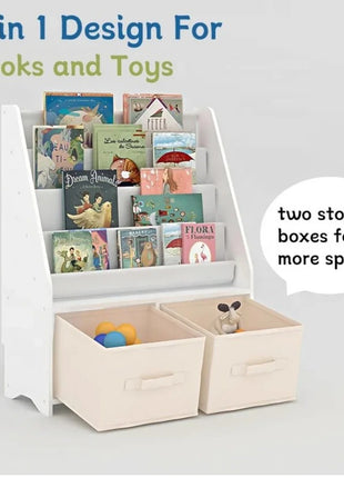 Dečiji drveni organizator 2 u 1, polica za knjige i kutije za odlaganje igračaka