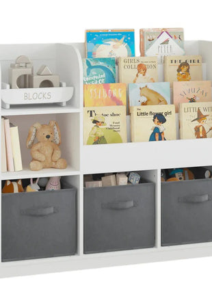 Dečiji organizator KINDER HOME, polica za knjige sa policama za igračke i knjige, 3 tekstilne kutije, drveni, beli, 92x30x80 cm, Montesori