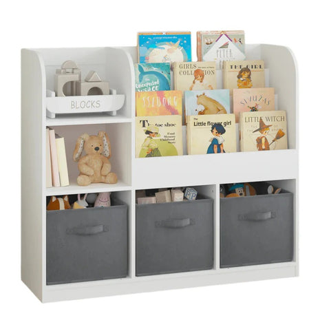 Dečiji organizator KINDER HOME, polica za knjige sa policama za igračke i knjige, 3 tekstilne kutije, drveni, beli, 92x30x80 cm, Montesori