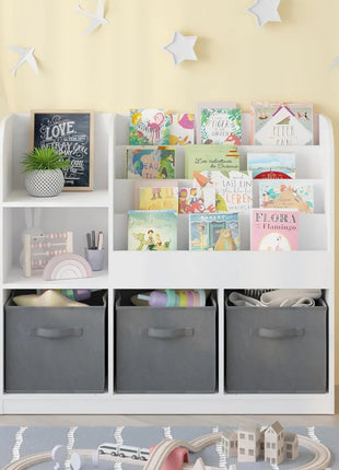 Dečiji organizator KINDER HOME, polica za knjige sa policama za igračke i knjige, 3 tekstilne kutije, drveni, beli, 92x30x80 cm, Montesori