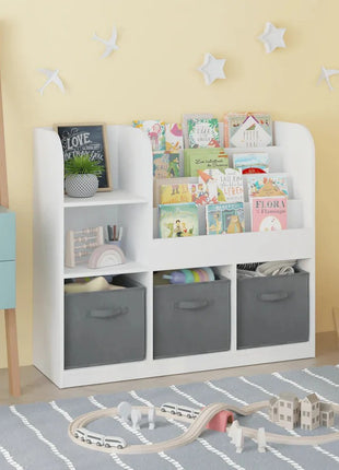 Dečiji organizator KINDER HOME, polica za knjige sa policama za igračke i knjige, 3 tekstilne kutije, drveni, beli, 92x30x80 cm, Montesori