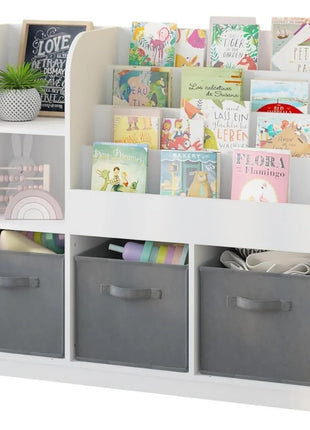Dečiji organizator KINDER HOME, polica za knjige sa policama za igračke i knjige, 3 tekstilne kutije, drveni, beli, 92x30x80 cm, Montesori