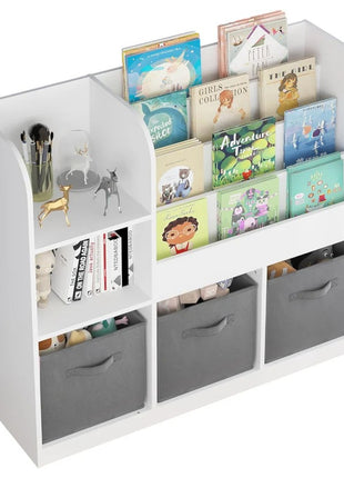 Dečiji organizator KINDER HOME, polica za knjige sa policama za igračke i knjige, 3 tekstilne kutije, drveni, beli, 92x30x80 cm, Montesori