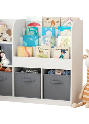 Dečiji organizator KINDER HOME, polica za knjige sa policama za igračke i knjige, 3 tekstilne kutije, drveni, beli, 92x30x80 cm, Montesori