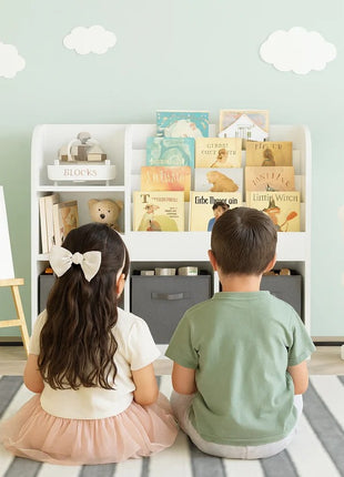 Dečiji organizator KINDER HOME, polica za knjige sa policama za igračke i knjige, 3 tekstilne kutije, drveni, beli, 92x30x80 cm, Montesori