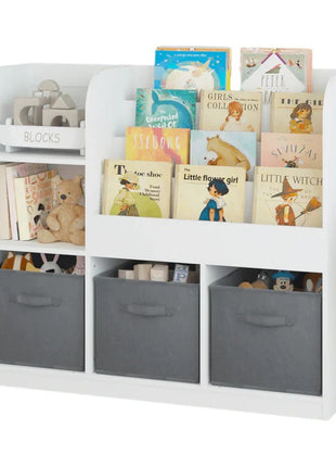 Dečiji organizator KINDER HOME, polica za knjige sa policama za igračke i knjige, 3 tekstilne kutije, drveni, beli, 92x30x80 cm, Montesori