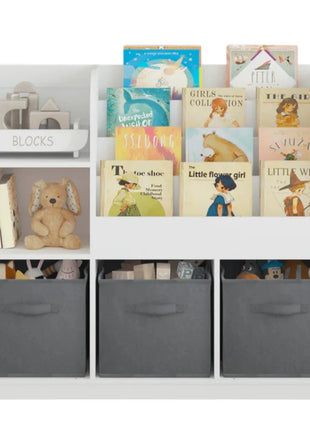 Dečiji organizator KINDER HOME, polica za knjige sa policama za igračke i knjige, 3 tekstilne kutije, drveni, beli, 92x30x80 cm, Montesori