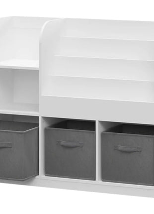 Dečiji organizator KINDER HOME, polica za knjige sa policama za igračke i knjige, 3 tekstilne kutije, drveni, beli, 92x30x80 cm, Montesori