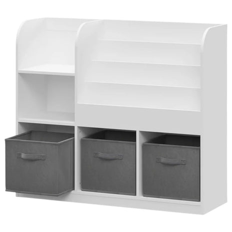 Dečiji organizator KINDER HOME, polica za knjige sa policama za igračke i knjige, 3 tekstilne kutije, drveni, beli, 92x30x80 cm, Montesori