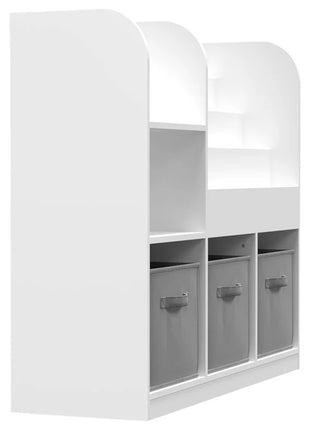 Dečiji organizator KINDER HOME, polica za knjige sa policama za igračke i knjige, 3 tekstilne kutije, drveni, beli, 92x30x80 cm, Montesori
