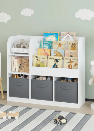 Dečiji organizator KINDER HOME, polica za knjige sa policama za igračke i knjige, 3 tekstilne kutije, drveni, beli, 92x30x80 cm, Montesori