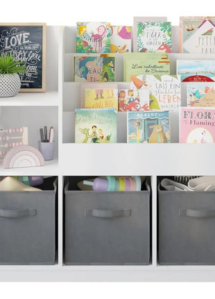Dečiji organizator KINDER HOME, polica za knjige sa policama za igračke i knjige, 3 tekstilne kutije, drveni, beli, 92x30x80 cm, Montesori
