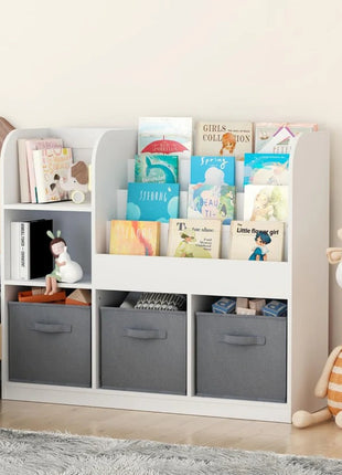 Dečiji organizator KINDER HOME, polica za knjige sa policama za igračke i knjige, 3 tekstilne kutije, drveni, beli, 92x30x80 cm, Montesori