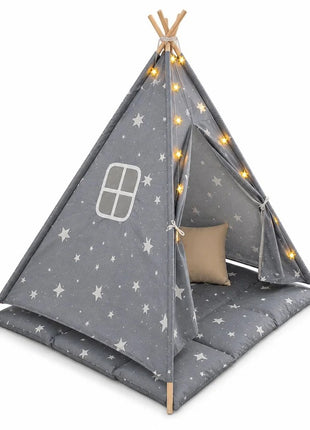 Dečiji pamučni šator KINDER HOME Little Stars,  sivi sa zvezdama, 100% pamuk, sa mekom podlogom za punjenjem, jastukom i LED svetlima