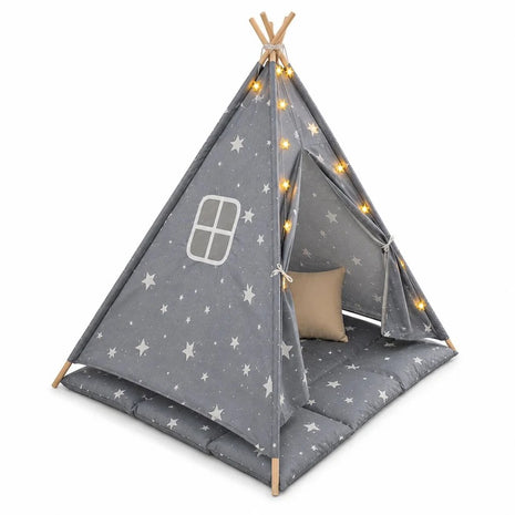 Dečiji pamučni šator KINDER HOME Little Stars,  sivi sa zvezdama, 100% pamuk, sa mekom podlogom za punjenjem, jastukom i LED svetlima
