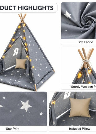 Dečiji pamučni šator KINDER HOME Little Stars,  sivi sa zvezdama, 100% pamuk, sa mekom podlogom za punjenjem, jastukom i LED svetlima
