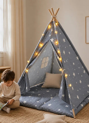 Dečiji pamučni šator KINDER HOME Little Stars,  sivi sa zvezdama, 100% pamuk, sa mekom podlogom za punjenjem, jastukom i LED svetlima