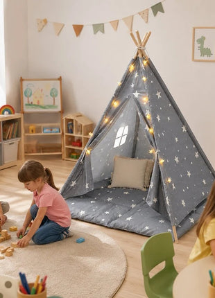 Dečiji pamučni šator KINDER HOME Little Stars,  sivi sa zvezdama, 100% pamuk, sa mekom podlogom za punjenjem, jastukom i LED svetlima