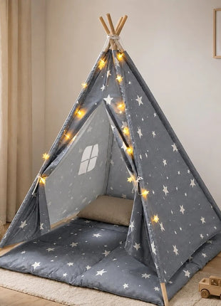 Dečiji pamučni šator KINDER HOME Little Stars,  sivi sa zvezdama, 100% pamuk, sa mekom podlogom za punjenjem, jastukom i LED svetlima