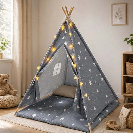 Dečiji pamučni šator KINDER HOME Little Stars,  sivi sa zvezdama, 100% pamuk, sa mekom podlogom za punjenjem, jastukom i LED svetlima