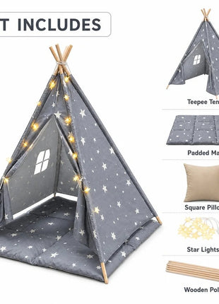 Dečiji pamučni šator KINDER HOME Little Stars,  sivi sa zvezdama, 100% pamuk, sa mekom podlogom za punjenjem, jastukom i LED svetlima