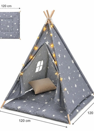 Dečiji pamučni šator KINDER HOME Little Stars,  sivi sa zvezdama, 100% pamuk, sa mekom podlogom za punjenjem, jastukom i LED svetlima
