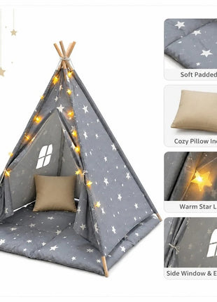 Dečiji pamučni šator KINDER HOME Little Stars,  sivi sa zvezdama, 100% pamuk, sa mekom podlogom za punjenjem, jastukom i LED svetlima