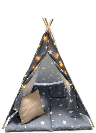 Dečiji pamučni šator KINDER HOME Little Stars,  sivi sa zvezdama, 100% pamuk, sa mekom podlogom za punjenjem, jastukom i LED svetlima