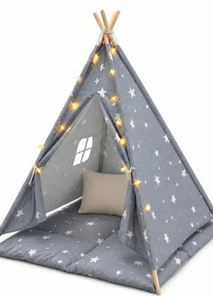 Dečiji pamučni šator KINDER HOME Little Stars,  sivi sa zvezdama, 100% pamuk, sa mekom podlogom za punjenjem, jastukom i LED svetlima
