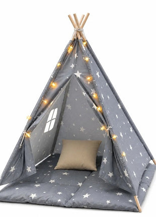 Dečiji pamučni šator KINDER HOME Little Stars,  sivi sa zvezdama, 100% pamuk, sa mekom podlogom za punjenjem, jastukom i LED svetlima
