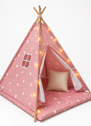 Dečiji pamučni šator KINDER HOME Little Stars,  roze sa zvezdama, 100% pamuk, sa mekom podlogom za punjenje, jastukom i LED svetlima