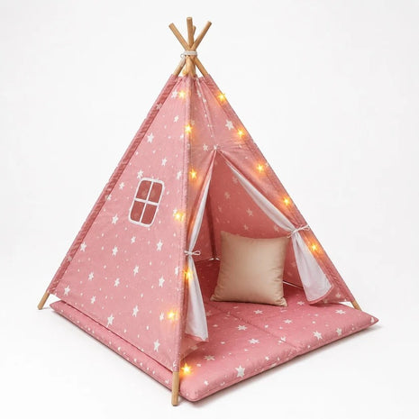 Dečiji pamučni šator KINDER HOME Little Stars,  roze sa zvezdama, 100% pamuk, sa mekom podlogom za punjenje, jastukom i LED svetlima