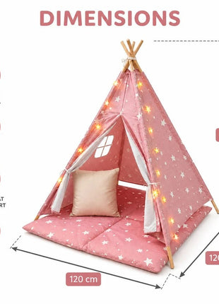 Dečiji pamučni šator KINDER HOME Little Stars,  roze sa zvezdama, 100% pamuk, sa mekom podlogom za punjenje, jastukom i LED svetlima
