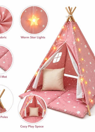 Dečiji pamučni šator KINDER HOME Little Stars,  roze sa zvezdama, 100% pamuk, sa mekom podlogom za punjenje, jastukom i LED svetlima