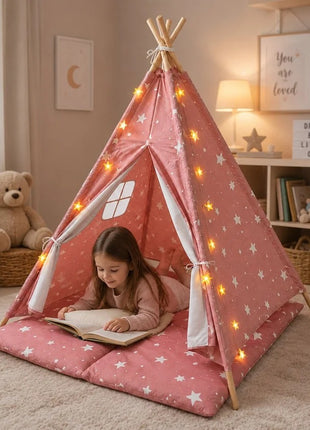 Dečiji pamučni šator KINDER HOME Little Stars,  roze sa zvezdama, 100% pamuk, sa mekom podlogom za punjenje, jastukom i LED svetlima