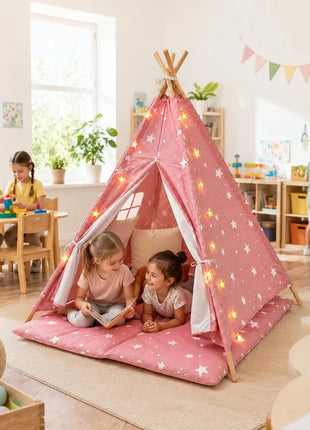 Dečiji pamučni šator KINDER HOME Little Stars,  roze sa zvezdama, 100% pamuk, sa mekom podlogom za punjenje, jastukom i LED svetlima