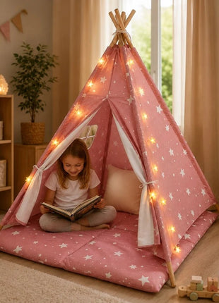 Dečiji pamučni šator KINDER HOME Little Stars,  roze sa zvezdama, 100% pamuk, sa mekom podlogom za punjenje, jastukom i LED svetlima