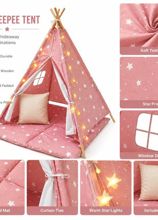 Dečiji pamučni šator KINDER HOME Little Stars,  roze sa zvezdama, 100% pamuk, sa mekom podlogom za punjenje, jastukom i LED svetlima