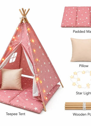 Dečiji pamučni šator KINDER HOME Little Stars,  roze sa zvezdama, 100% pamuk, sa mekom podlogom za punjenje, jastukom i LED svetlima