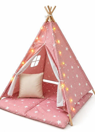 Dečiji pamučni šator KINDER HOME Little Stars,  roze sa zvezdama, 100% pamuk, sa mekom podlogom za punjenje, jastukom i LED svetlima