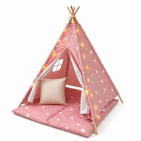 Dečiji pamučni šator KINDER HOME Little Stars,  roze sa zvezdama, 100% pamuk, sa mekom podlogom za punjenje, jastukom i LED svetlima